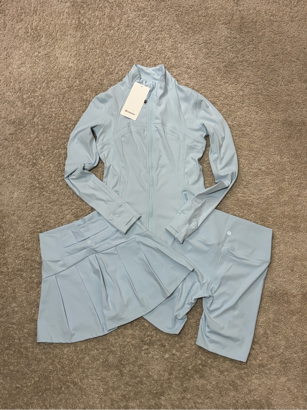 Light Blue Athletic Jacket, Skirt & Shorts Set